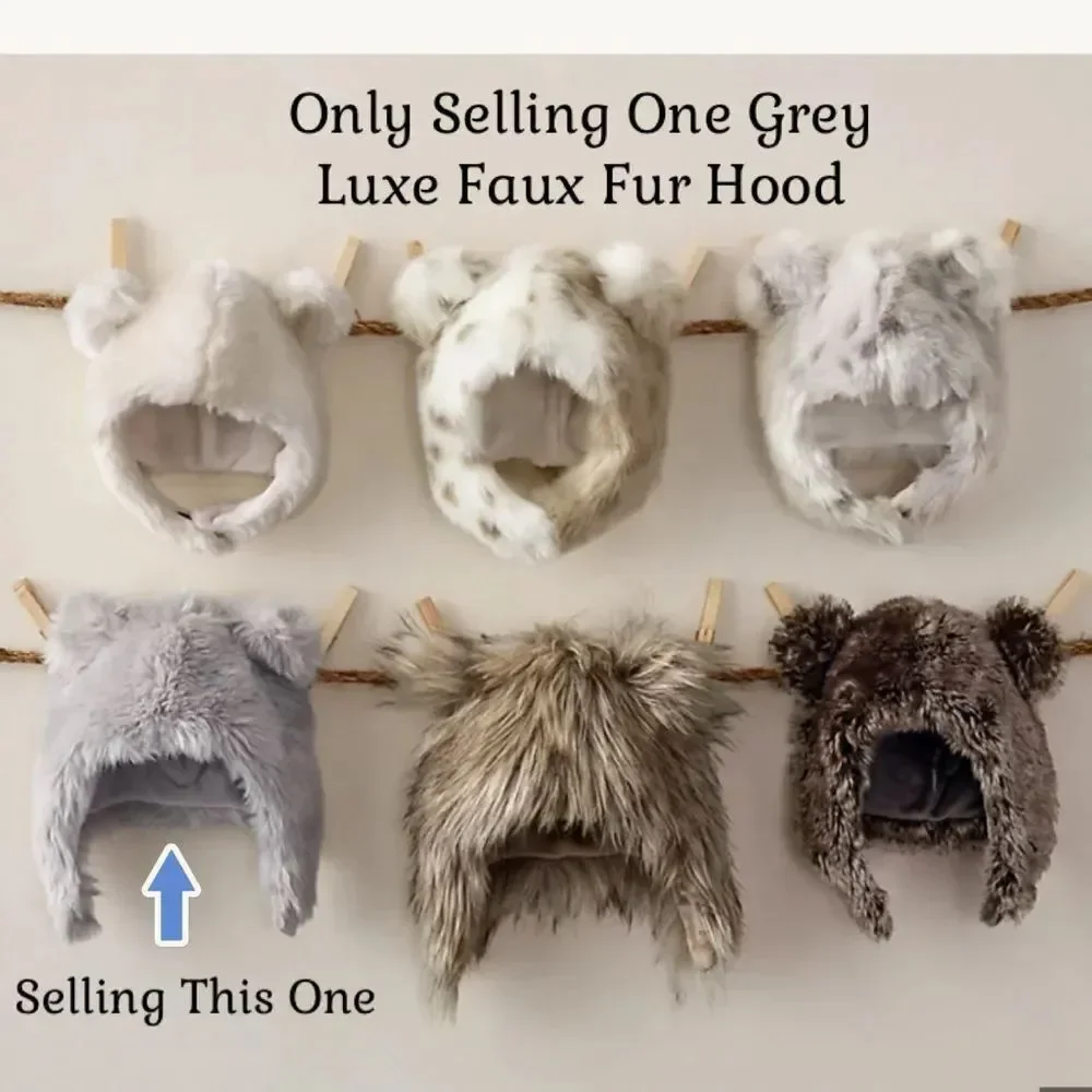 Restoration Hardware LUXE Fur Baby Animal Hood - Grey - 12 Months NWT